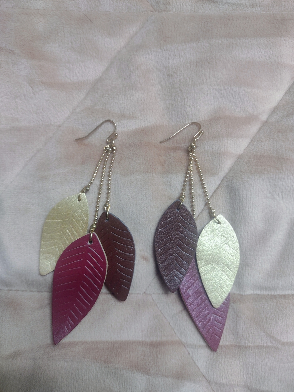 Women's Gold, Berry and Mauve Leather Leaf Drop Earrings